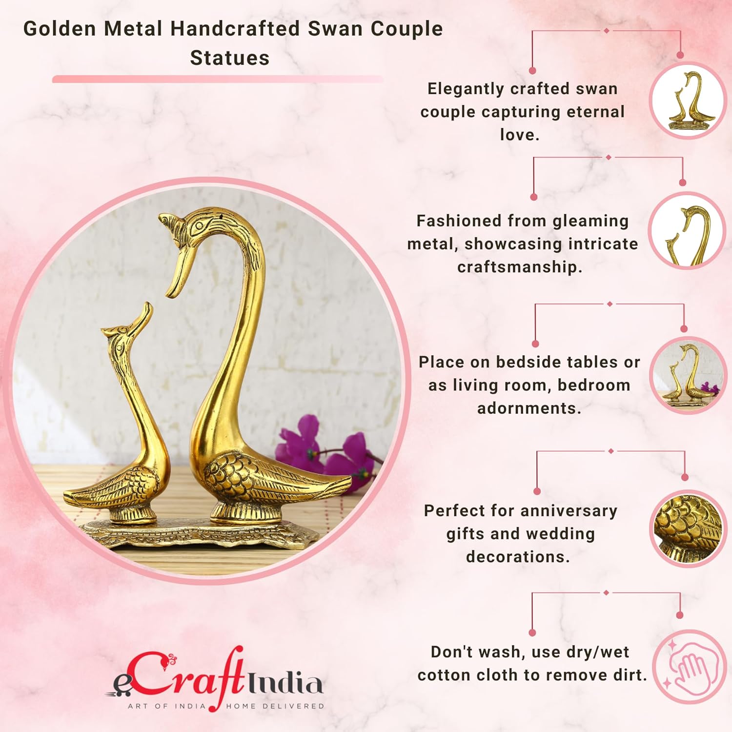 Ecraftindia Loving Golden Swan Couple Figurine