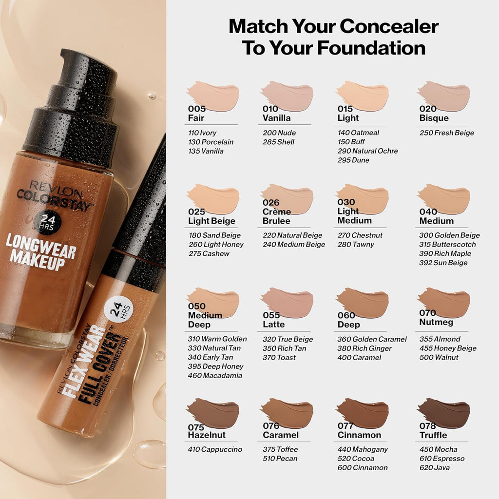 Revlon ColorStay Flex Wear, Full Cover Non-Creasing Concealer, Infused with Hyaluronic Acid & Vitamin E, Flexible Longwear, 030 Light Medium, 10 ml