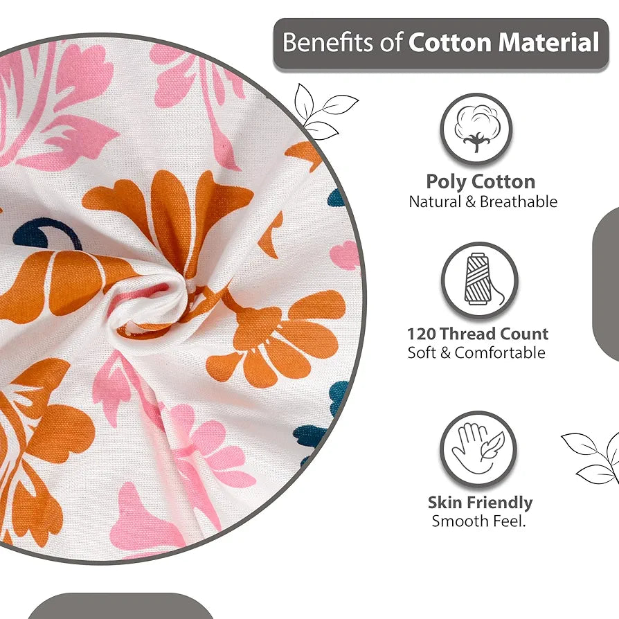Divine Casa Double Size Bedsheet for Double Bed 144 TC Pure Cotton Queen Size with 2 Pillow Covers Floral Colour Peach Blue