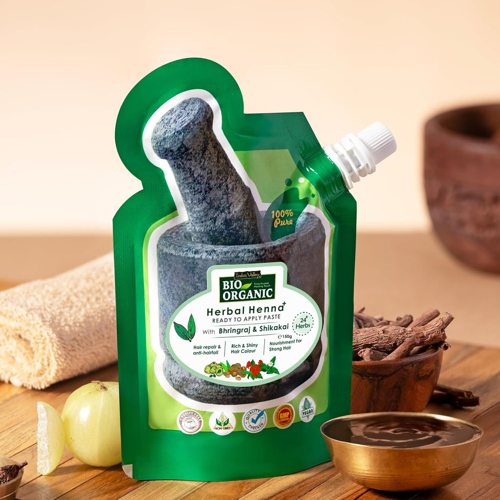 Indus Valley Bio Organic Herbal Henna Ready to Apply Paste with Bhringraj & Shikakai Nourishment for Strong Hair (150 g)