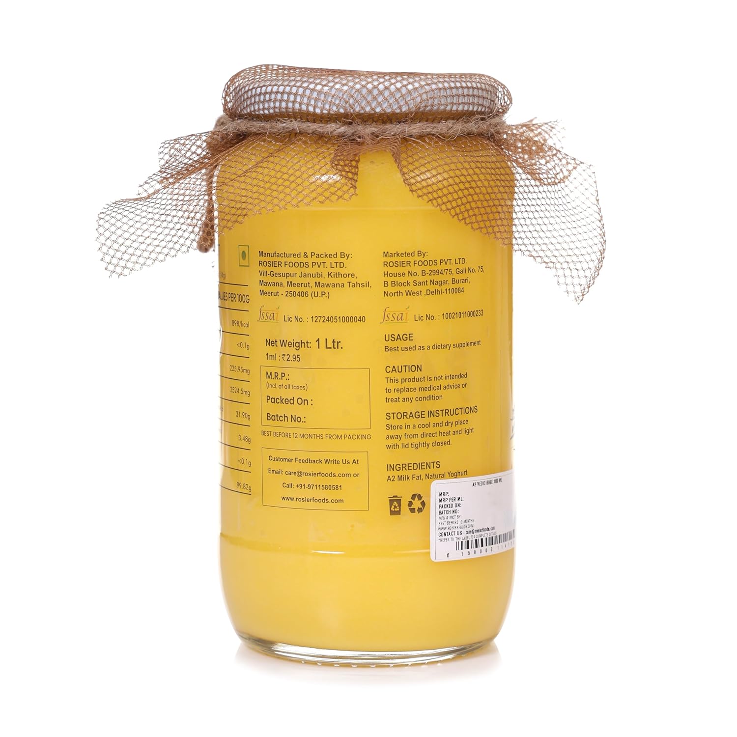 ROSIER A2 Gir Cow Ghee | Traditional Bilona Method A2 Gir Cow Ghee | Grassfed, Pure and Healthy Desi Cow Ghee