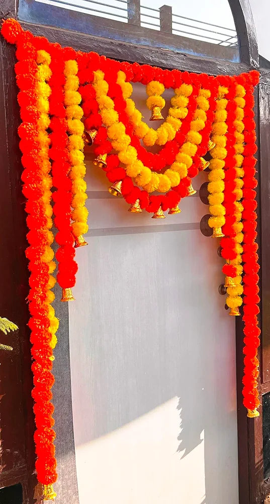 Artificial Fluffy Marigold Bandhanwar with Bell – 40 Inch Yellow Mango Flower Sign Of Beauty Bandanwar