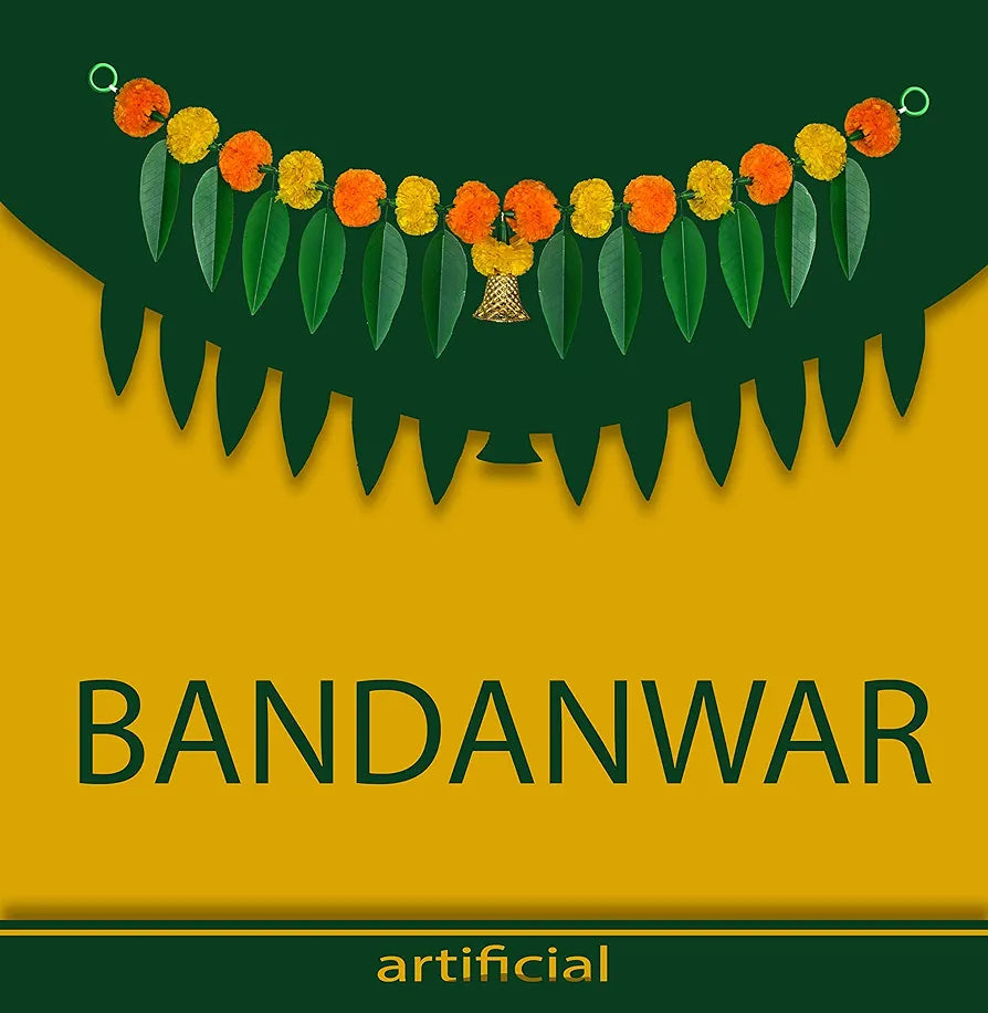 Artificial Marigold Bandanwar Pack of 4 with Mango Leaves and Bells 40 Inch Yellow and Mango