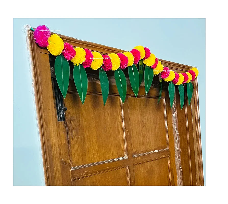 Artificial Marigold &Mango Leaves Simple Door-Window Toran Yellow and Dark Pink (Rani)