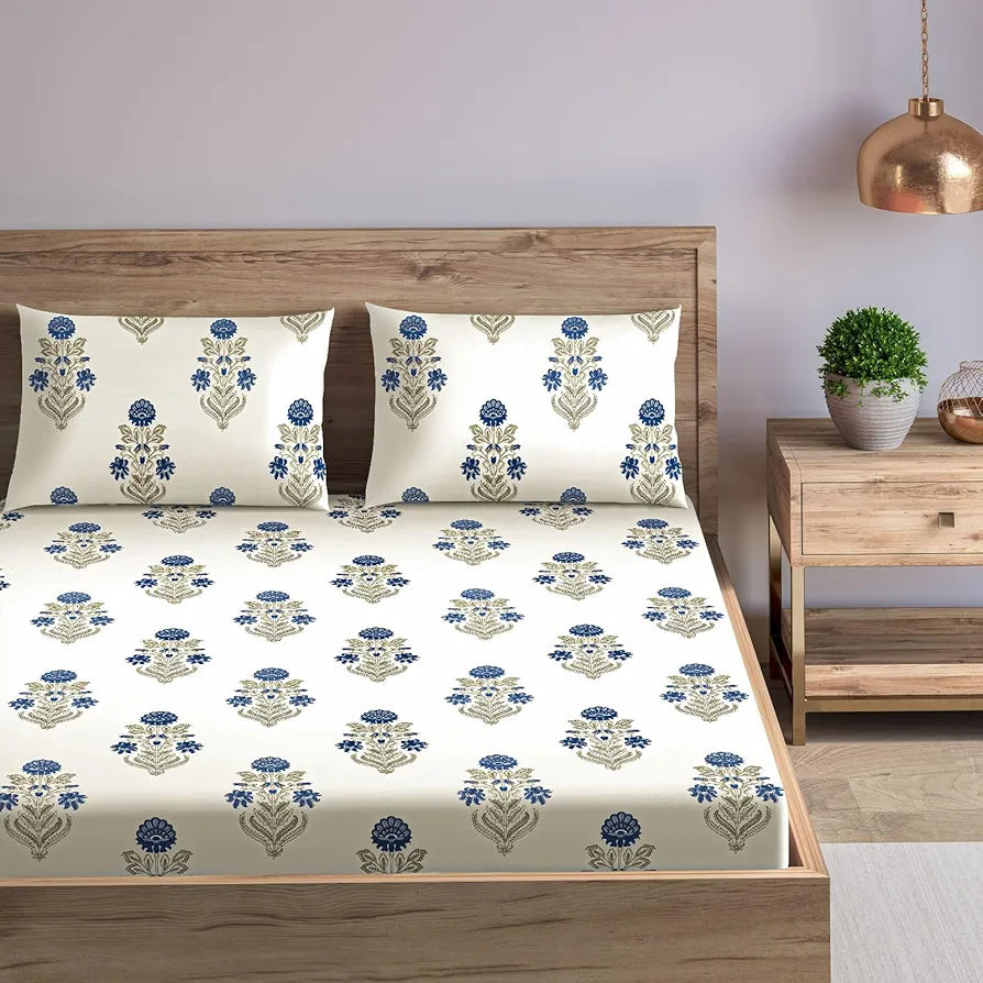 Trance Home Linen 180Tc 100% Cotton 78"X72" Standard King Size Elastic Fitted Bedsheet Printed King Bed Size With 2 Pillow Covers 180 TC King 78X72 Inch Colour Aangan Blue
