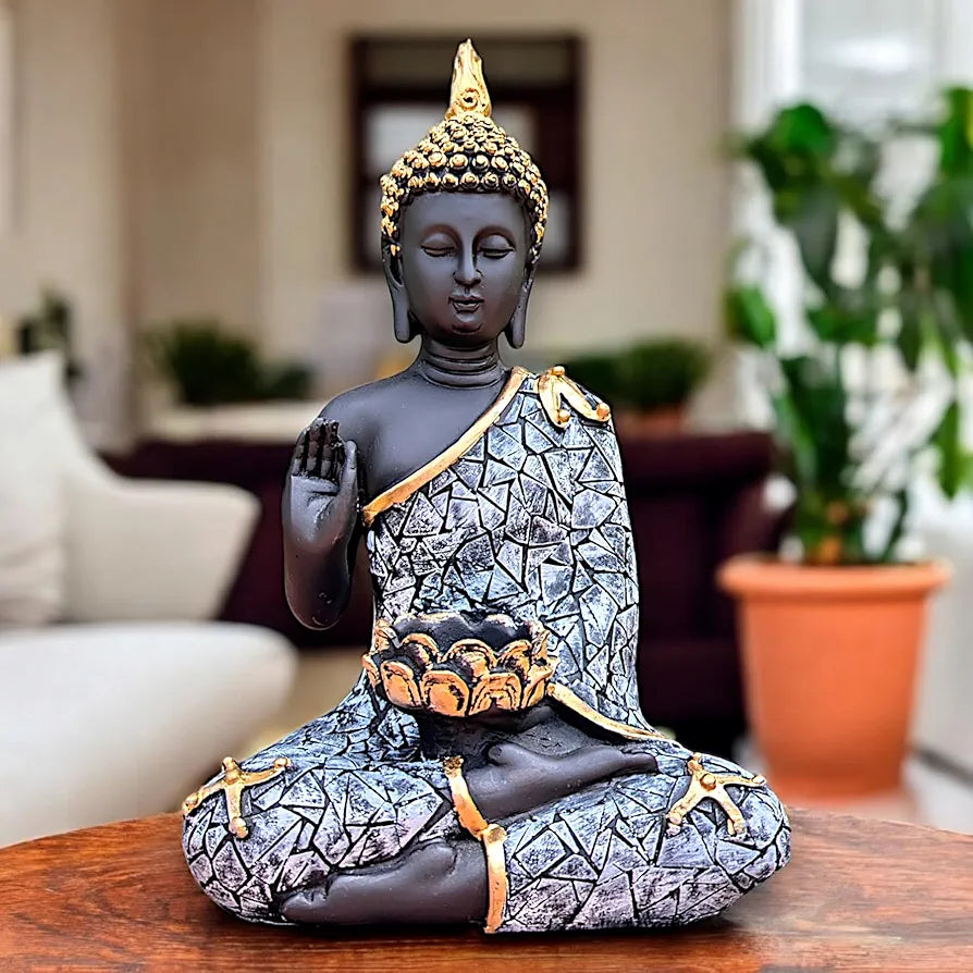 Neelaya Meditating Buddha Statue With Tealight Holder Polyresin Showpiece 28 Cm Black Grey