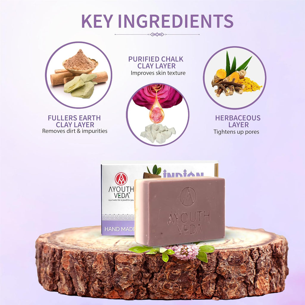 Ayouthveda Handmade Indian Clay Soap | Nourishes Protectes & Hydrates Skin | A Three Layered Mineral Rich Clay Bar| Daily use Bar for Both Men & Women (Pack Of 1-110g)
