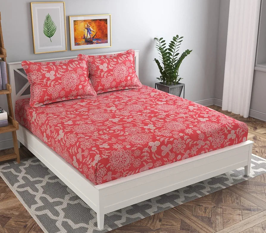 HomeKart Microfiber bedsheet for Double Bed with 2 Pillow Covers Breathable and Soft Touch 144 TC Pattren Floral Pink and White TC - 144 Floral Pink and White