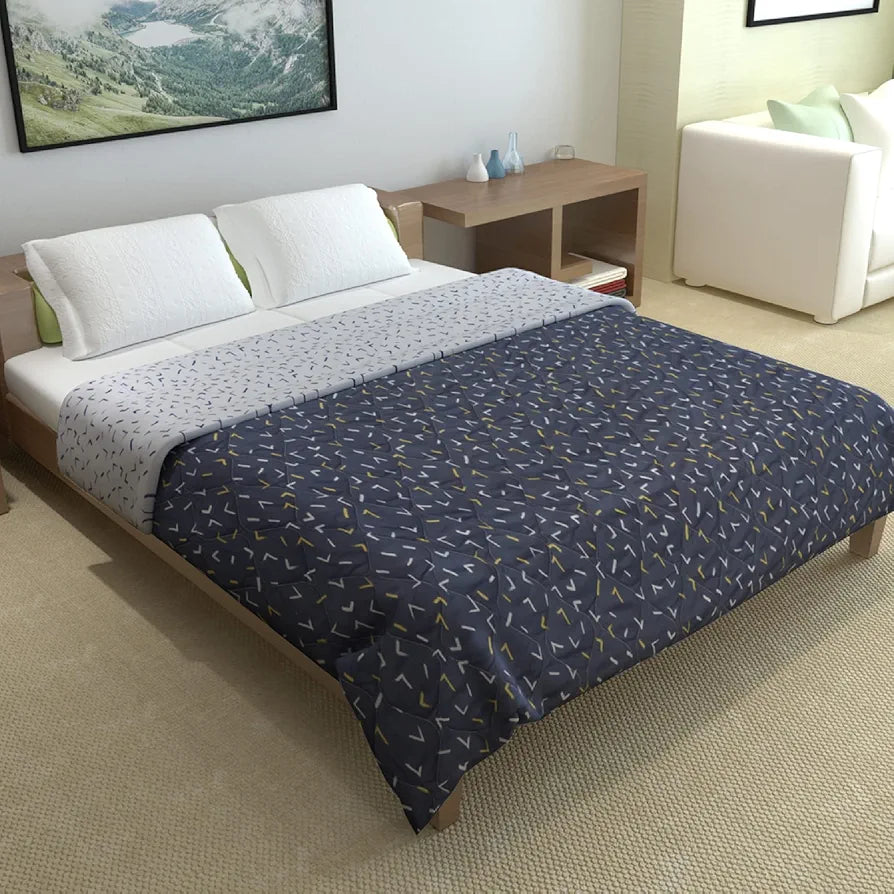 Divine Casa Microfibre All-Weather 150 GSM Printed Reversible Double Bed Size Quilt Comforter Blanket TC - 150 Colour Navy Blue and D White