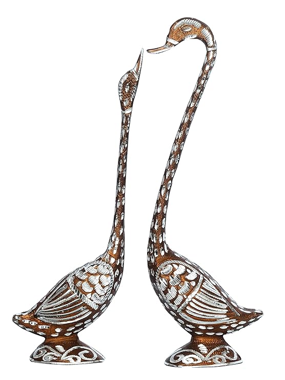 Ecraftindia Brown Metal Handcrafted Kissing Swan Couple Statues Love Birds Figurines Decorative Showpieces