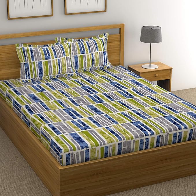 Huesland by Ahmedabad Cotton 144 TC Cotton King Size Bedsheet with 2 Pillow Covers - Blue, Green & Grey