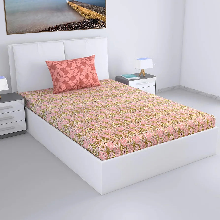 Divine Casa Pure Cotton Single Bed Printed Bedsheet with 1 Pillow Covers Nordic Hexa Pattern Colour Blush & Olive