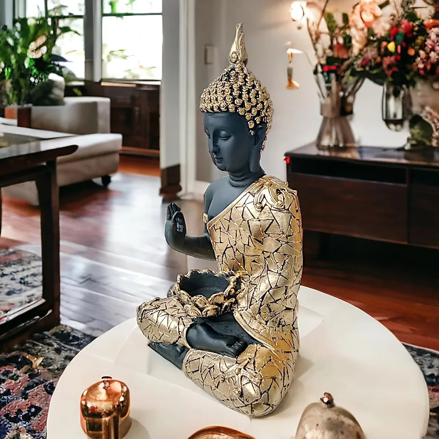 Neelaya Meditating Buddha Statue With Tealight Candle Holder Polyresin Showpiece 28 Cm Black Gold