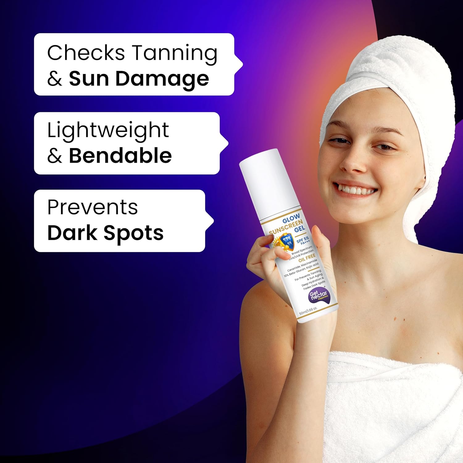 Get Nectar Happiness Glow Sunscreen Gel SPF 55 PA+++ | For Oily, Dry, Acne-prone Skin | Ultra Lightweight Texture I Non-Greasy I No White Cast | Broad Spectrum Protection & Fades Dark Spots 50ml (1)