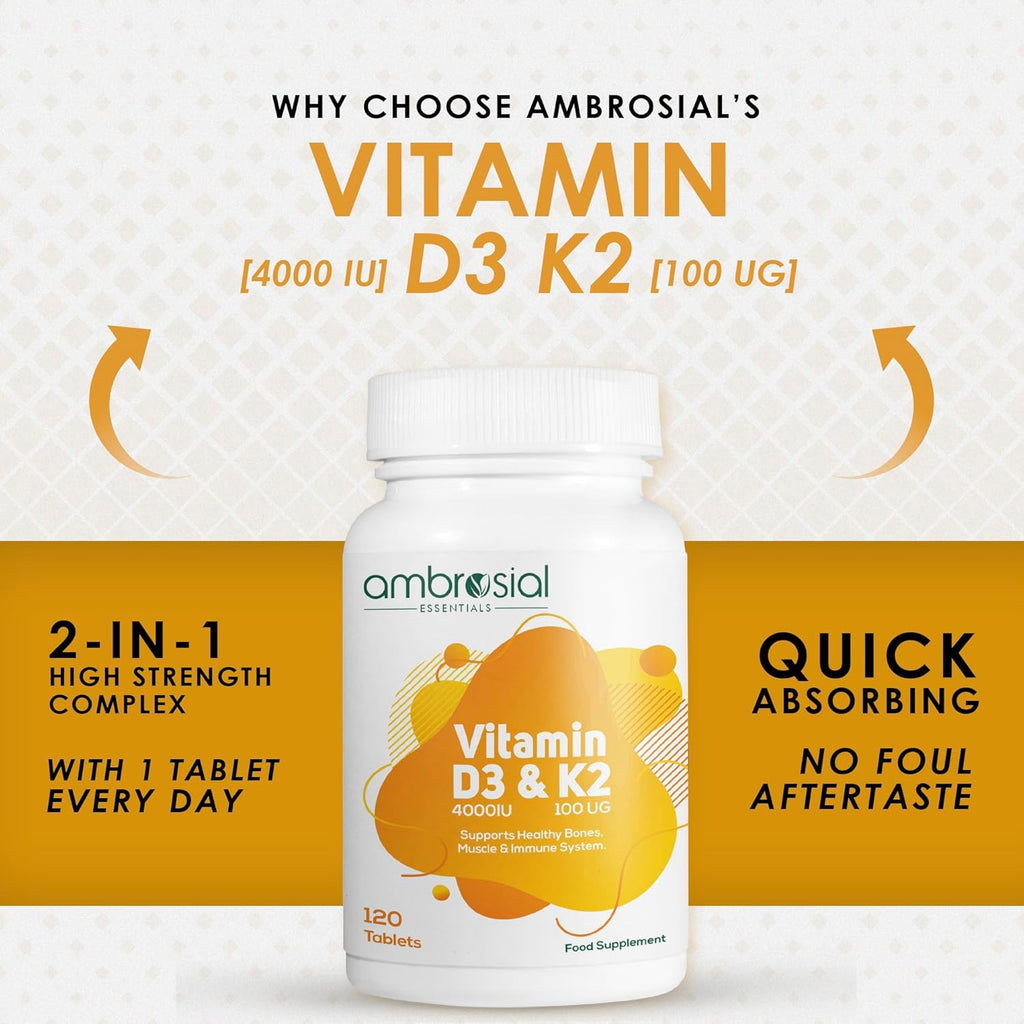 Ambrosial Vitamin D3 & K2 Tablets 4000IU Vitamin D3 + 100Âµg K2 MK-7 for Healthy Bones, Muscles, and to Support The Immune System - 120 Tablets