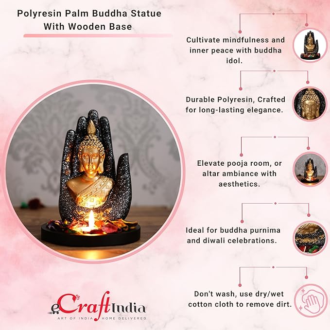 Ecraftindia Black Golden Resin Palm Buddha Statue Tea Light Holder | Lord Buddha Statue for Living Room