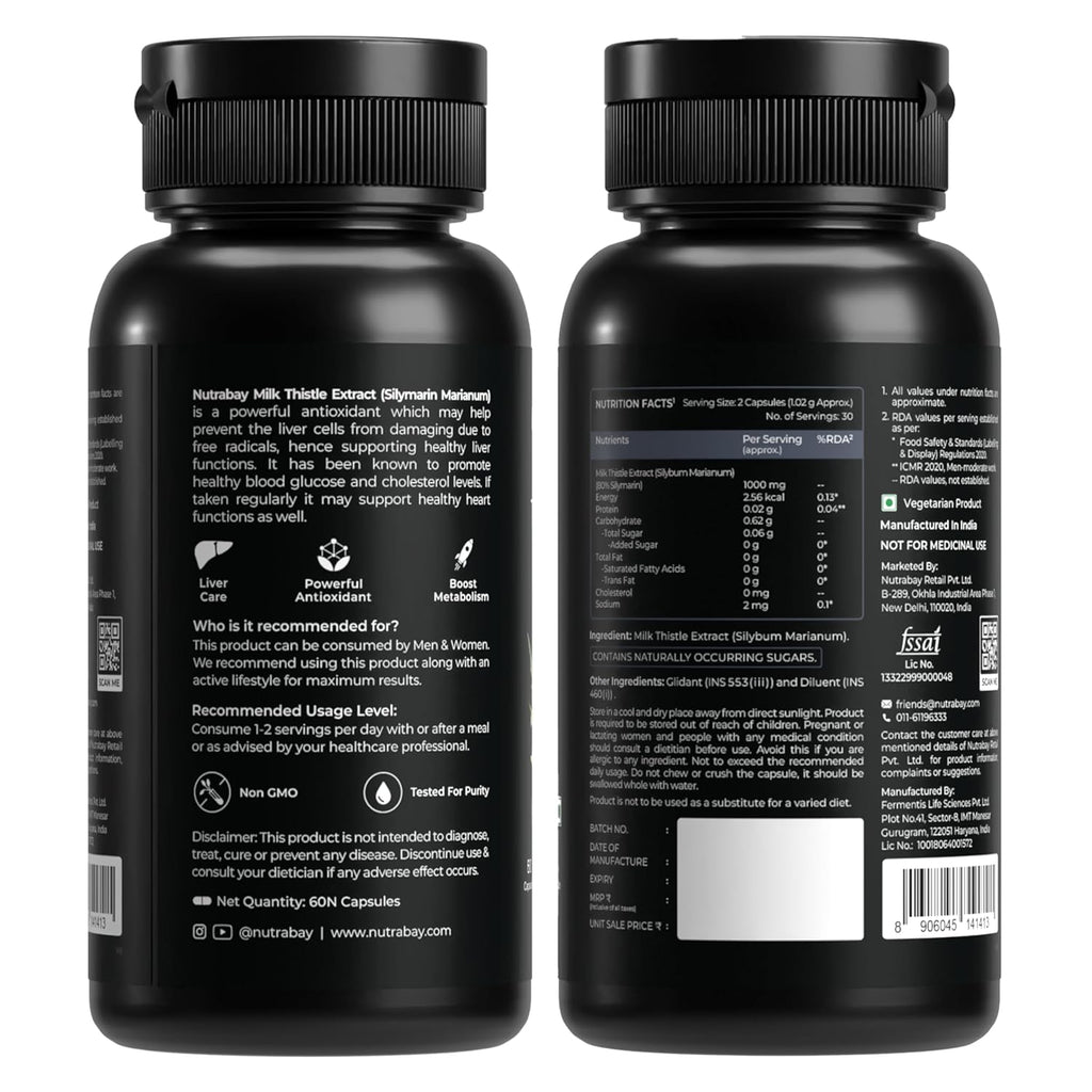 Nutrabay Wellness Milk Thistle Extract (80% Silymarin Marianum) - Improves Digestion, Liver Detox & Cleanse for Men & Women, Liver Support Supplement - 1000mg, 60 Veg Capsules
