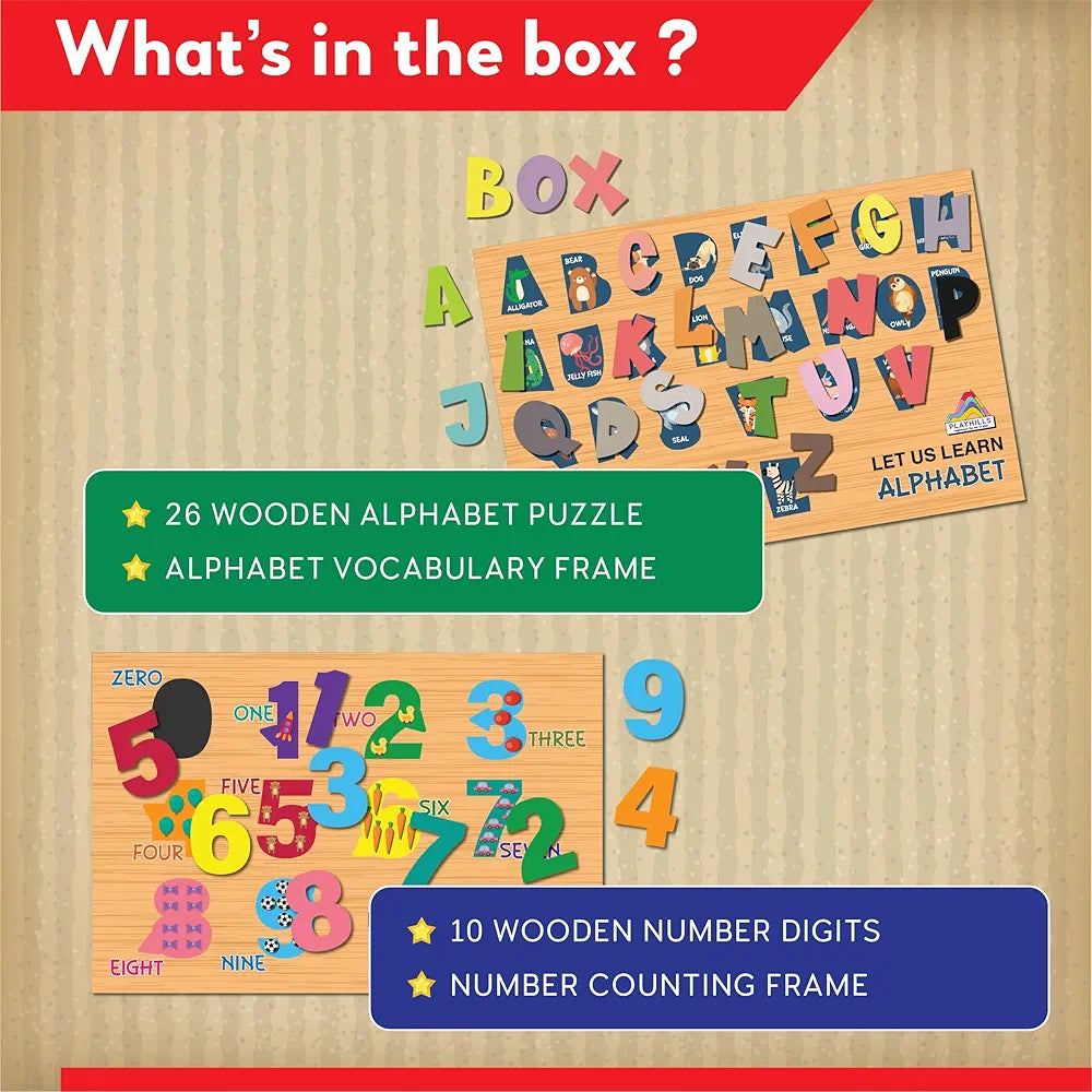Playhills Mega 3D Learning Puzzle Combo Set- Wooden Alphabet and Numbers, Early Learning Wooden Puzzle for Kids 3, 4, 5 Years Old  Montessori Education