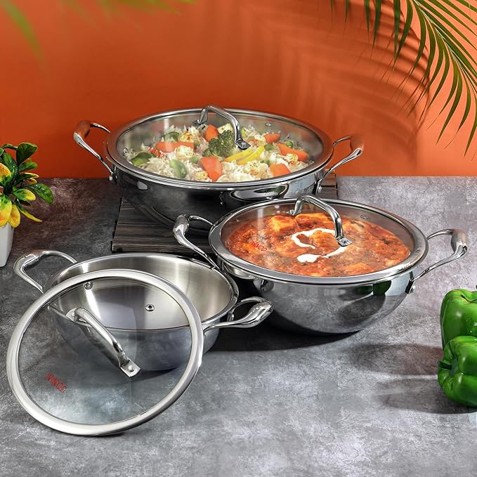Vinod Platinum Triply Stainless Steel Extra Deep Kadai with Glass Lid 1.8 Litre (20 cm) | 2.5mm Thick | Kadai for Cooking