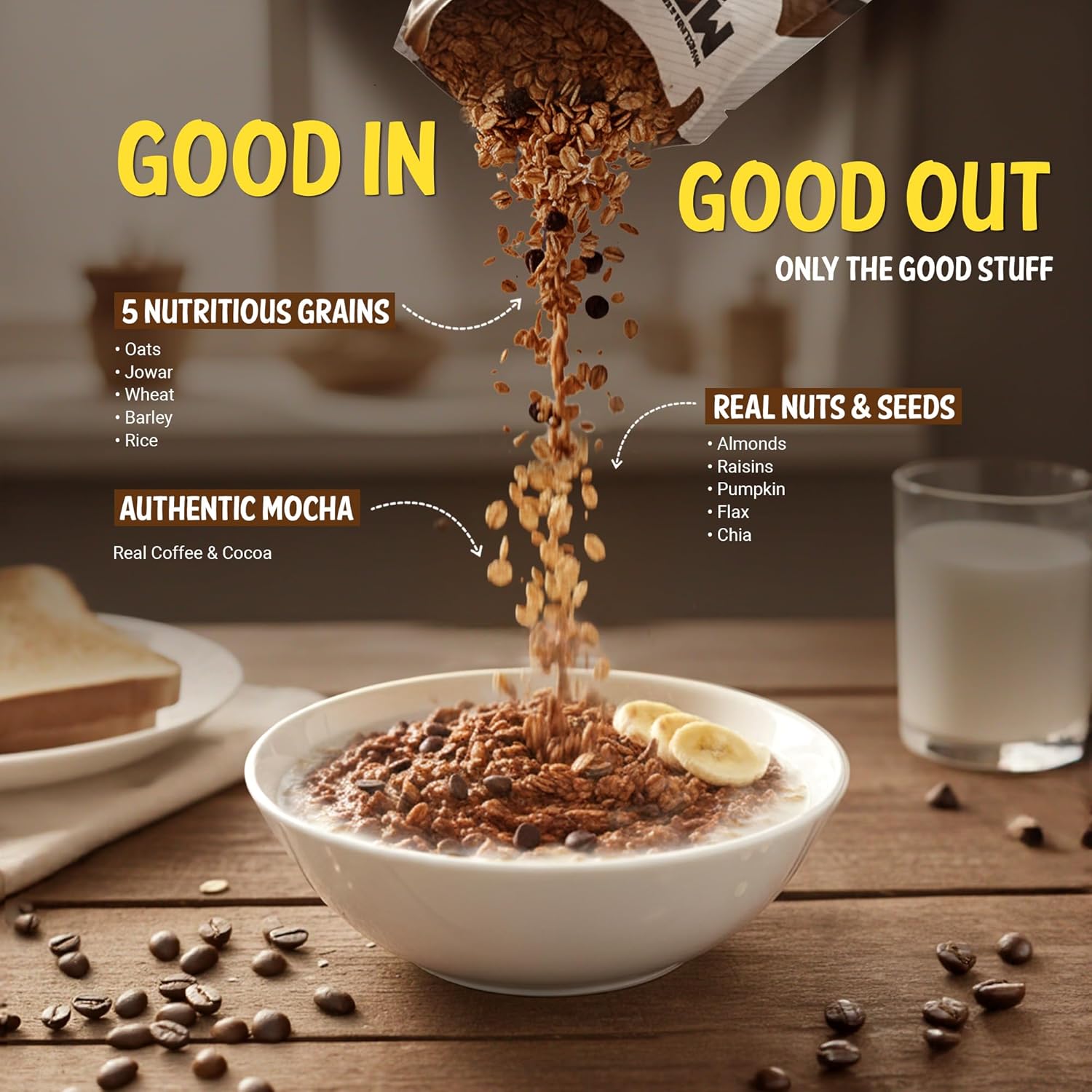 MuscleBlaze High Protein Muesli, Blue Tokai Mocha Brew| 24g Protein | With Raisins, Almonds & Super Seeds, High Protein Breakfast Cereals