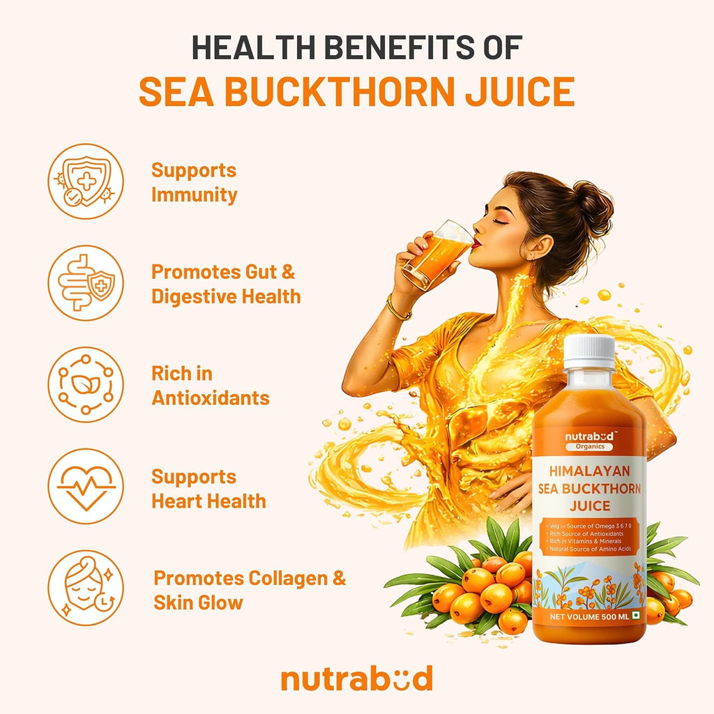 Nutrabud Organics Himalayan Sea Buckthorn Berry Juice - 500 ml - Natural Source of Vitamin C, Omega 3 6 7 9, Antioxidants For Immunity, Skin Glow & Gut Health - 50 Glasses (500ml (Pack of 1))