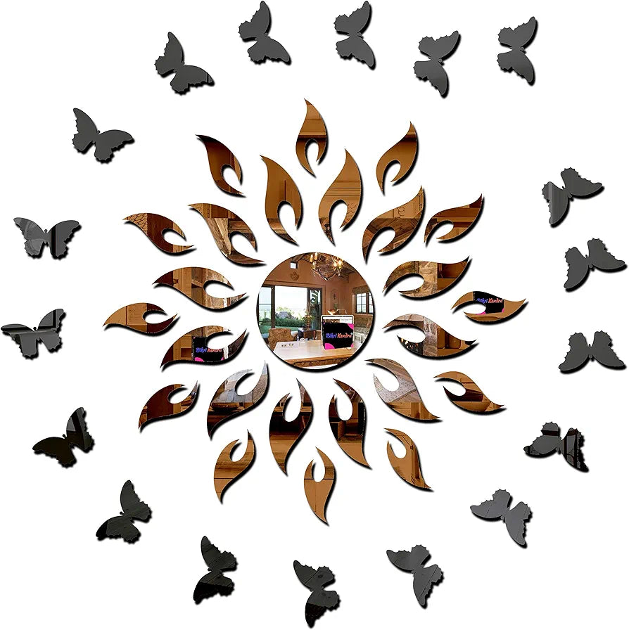 Bikri Kendra Sun with Butterfly Acrylic Mirror Wall Stickers Set of 45