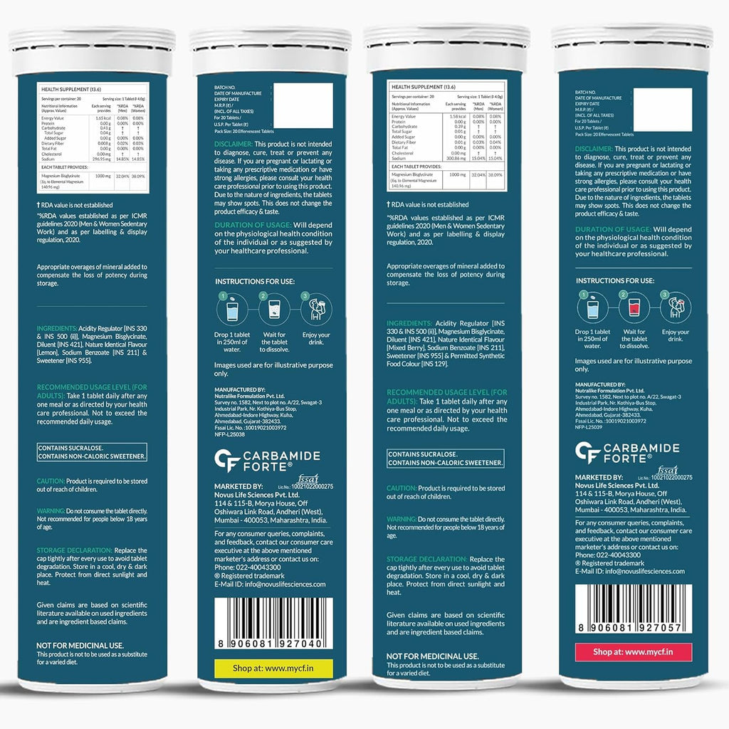 Carbamide Forte Magnesium Supplements Bisglycinate Effervescent Tablets 1000mg | Magnesium Glycinate Tablets | Supports Sleep, Muscle Cramp & Nerve Function - 2 X 20 Tablet - Lemon & Mixed Berry Flavour