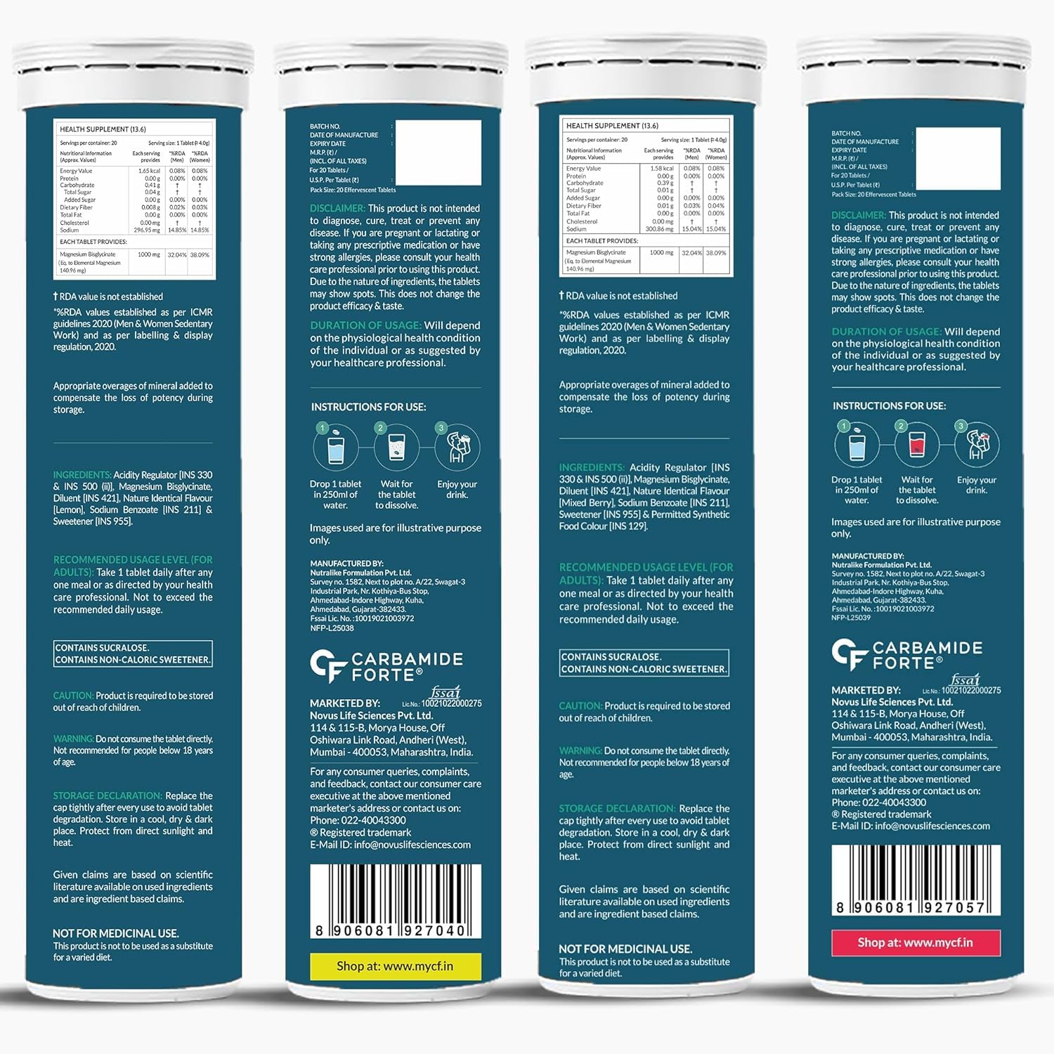 Carbamide Forte Magnesium Supplements Bisglycinate Effervescent Tablets 1000mg | Magnesium Glycinate Tablets | Supports Sleep, Muscle Cramp & Nerve Function - 2 X 20 Tablet - Lemon & Mixed Berry Flavour