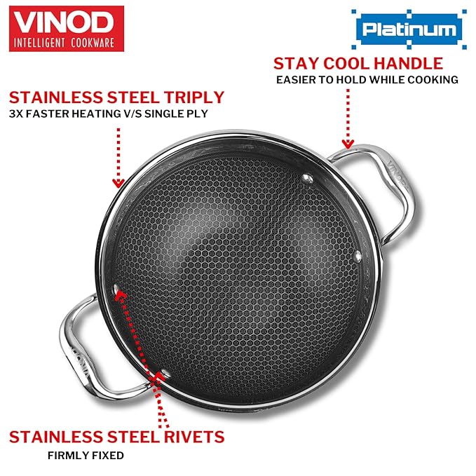 Vinod Sas Pro Platinum Stainless Steel Non Stick Extra Deep Kadai With Lid- 2.4 Litre, 22cm | Hexa Design Triply Kadhai | Ceramic Coating | Induction Base