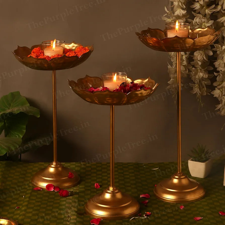 The Purple Tree Beautiful Handcrafted Lotus Urli Bowl With Stands Floating Flowers And Tea Light Candles Golden Lotus Urli with Stand 3 pc