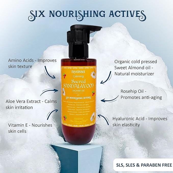 Nyassa Calming Sacred Sandalwood Shower Gel With 6 Nourishing Actives - 210 Ml| Natural Woody Fragrance Body Wash