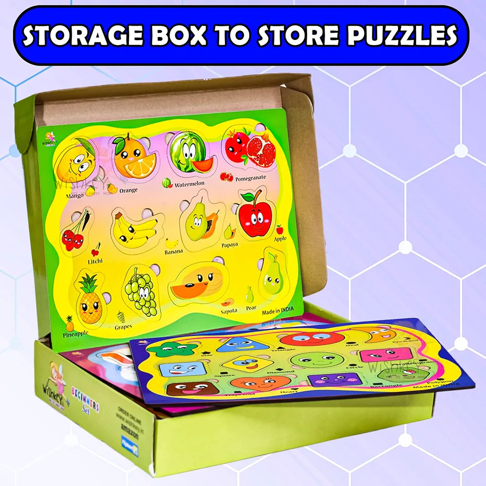 Wishkey Wooden Educational Colorful Fruits,Animal,Number,Geomatric Shape,Vehicle,Alphabet Set of 6 Board Puzzle