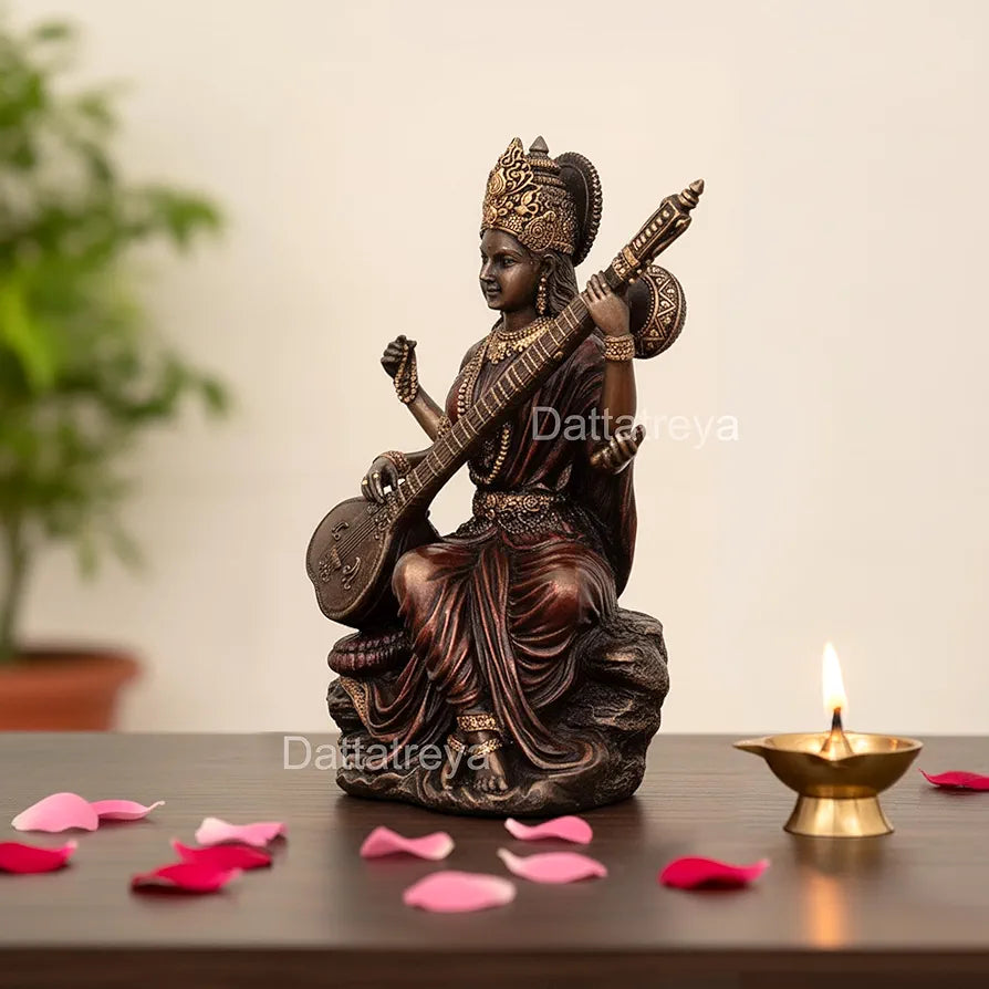 Dattatreya Polyresin Bonded Bronze Maa Saraswati Idol Statue Murti for Puja - 6 Inch