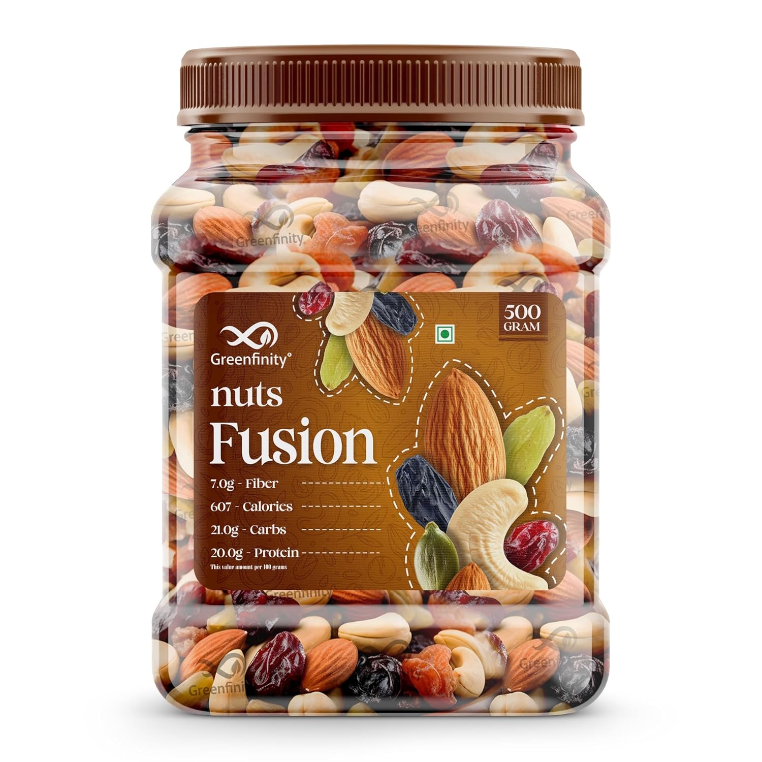 GreenFinity Mixed Dry Fruits Pack – 500g | Nutritious Snack with Almonds, Cashews, Raisins & Cranberries | Resealable Pack for Freshness