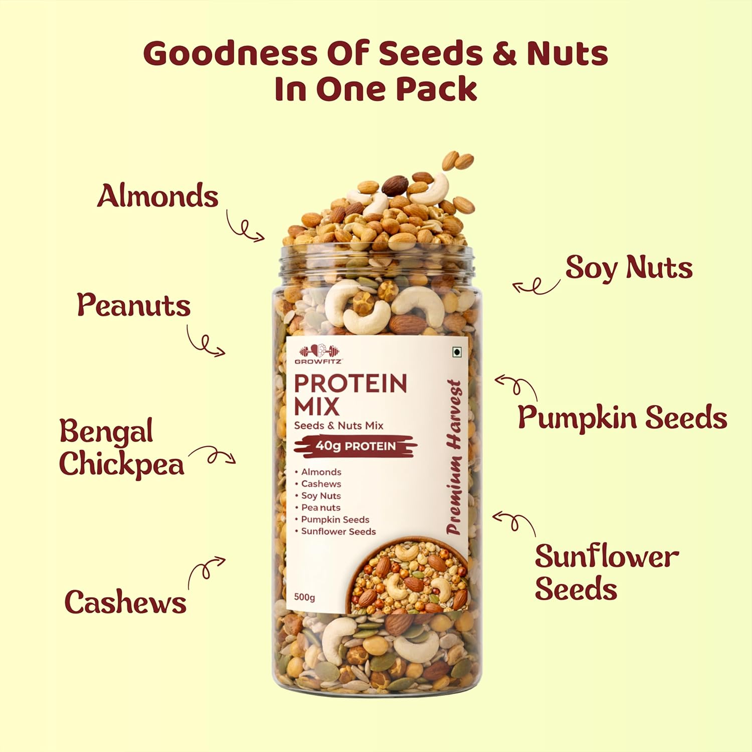 Growfitz Protein Crunch Seeds & Nuts Mix, 500g | 40g High Protein | Air Roasted Almonds, Cashews, Chickpeas, Soy Nuts, Peanuts, Pumpkin & Sunflower Seeds | 0% Sugar | Export Quality Healthy Snack