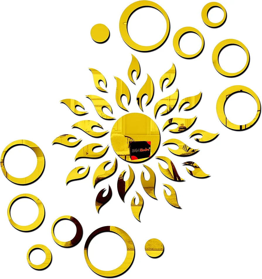 Bikri Kendra Sun with Rings 12-3D Acrylic Mirror Wall Stickers Premium Collection Golden