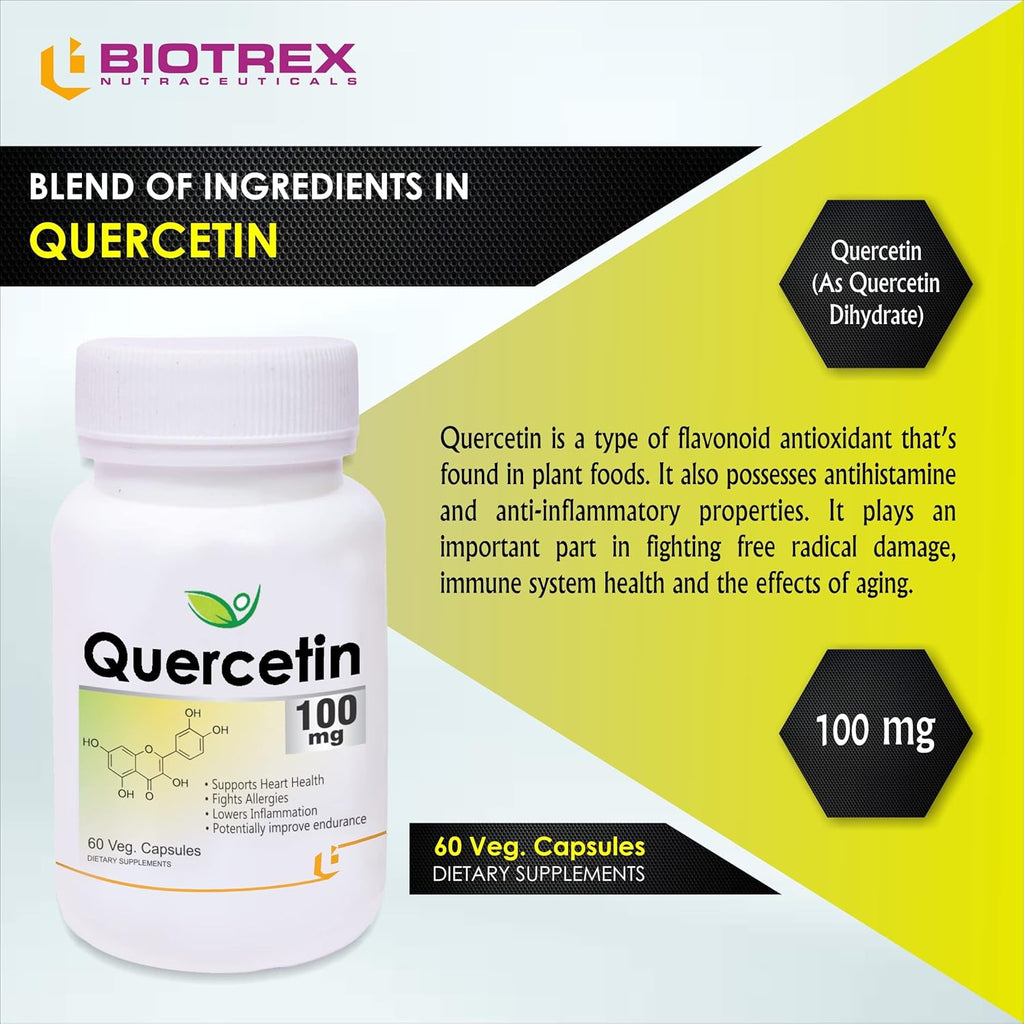 Biotrex Nutraceuticals Quercetin 100mg | Supports Energy, Brain & Heart Health | Antioxidant | Cardiovascular & Respiratory Health â€“ 60 Veg Capsules