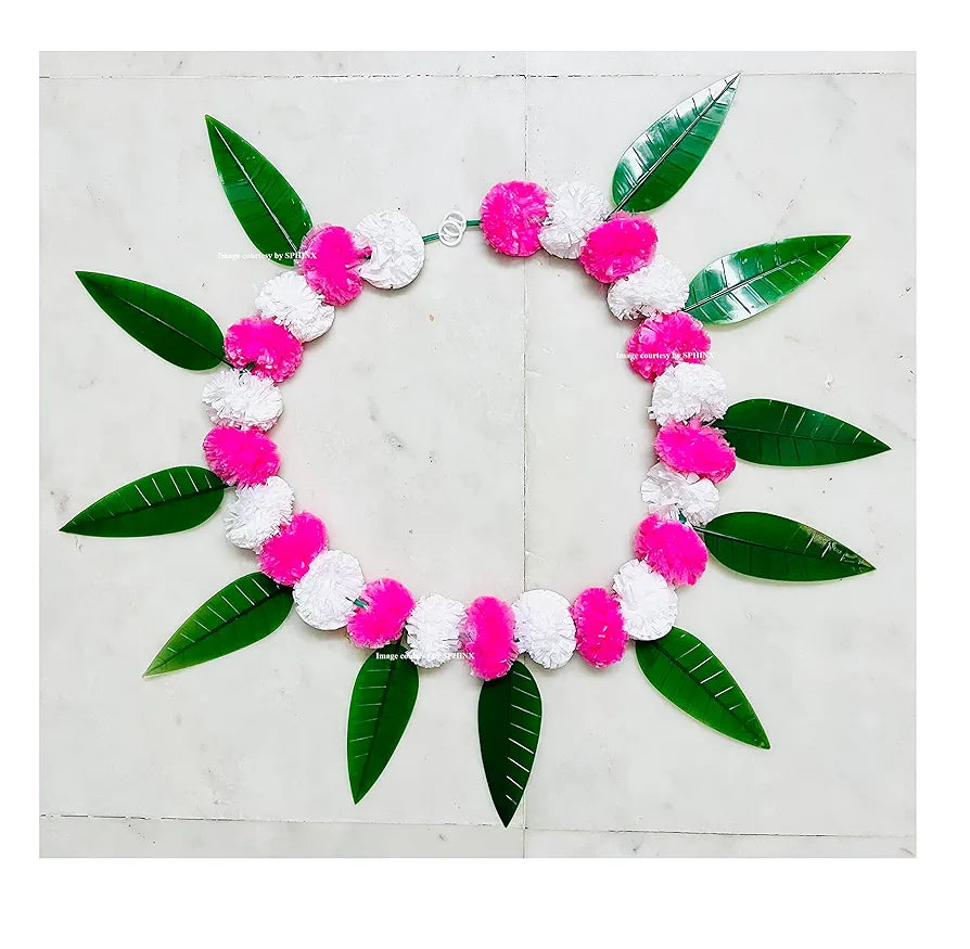 Artificial Marigold &Mango Leaves Simple Door-Window Toran White and Baby Pink