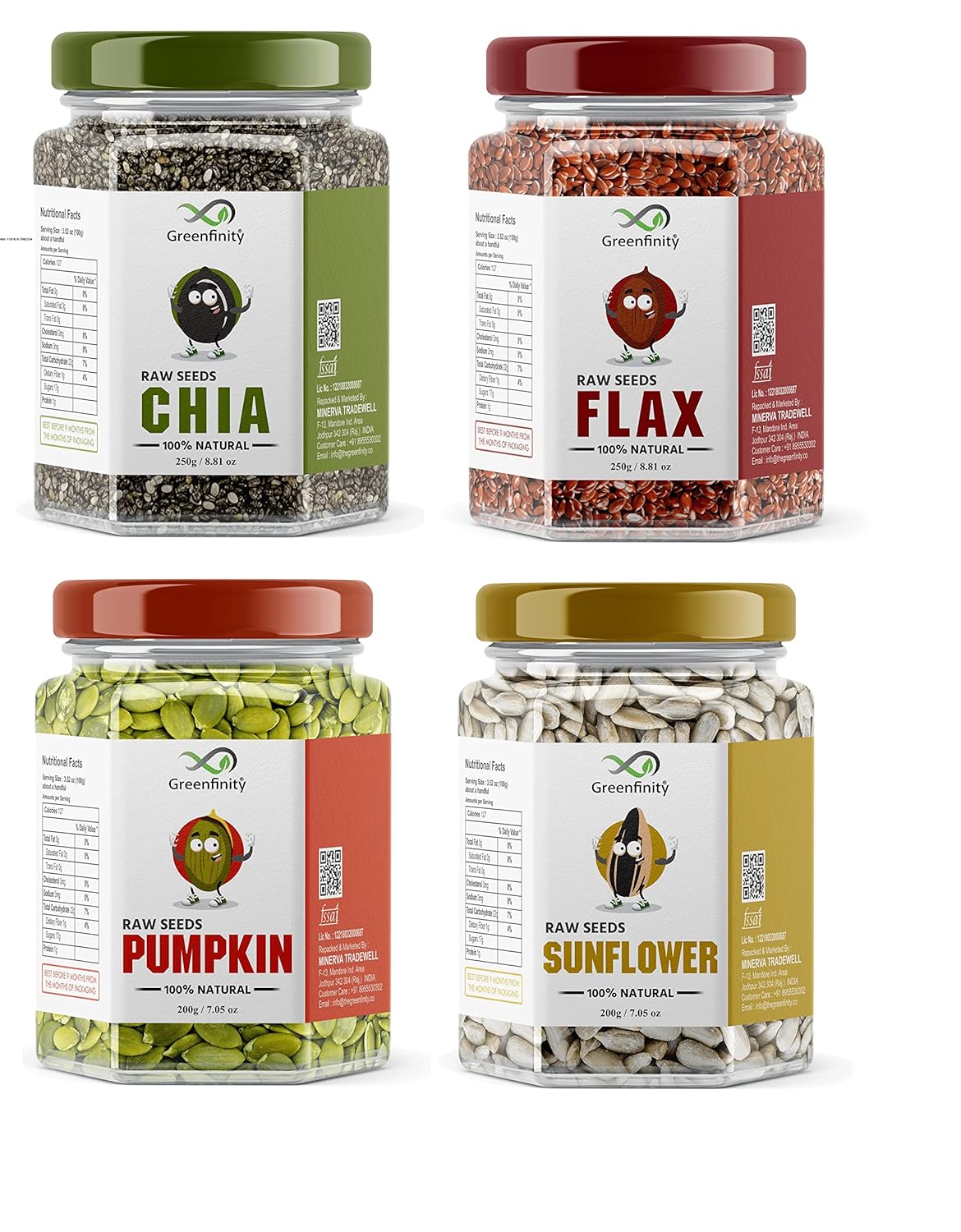 GreenFinity Healthy Seeds Combo- Pumpkin, Sunflower, (200g Each), Chia and Flax Seeds (250g Each) | Rich in Omega 3, Fiber, Raw Seeds for Weight Management, Immunity Booster, Healthy Heart (Pack of 4)