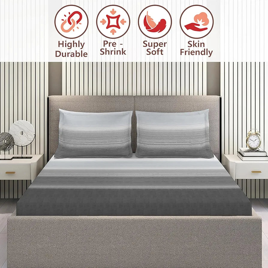 Layers Duracount Bedsheet Set for All Seasons Lightweight 225 CVC King Size Gray Stripped