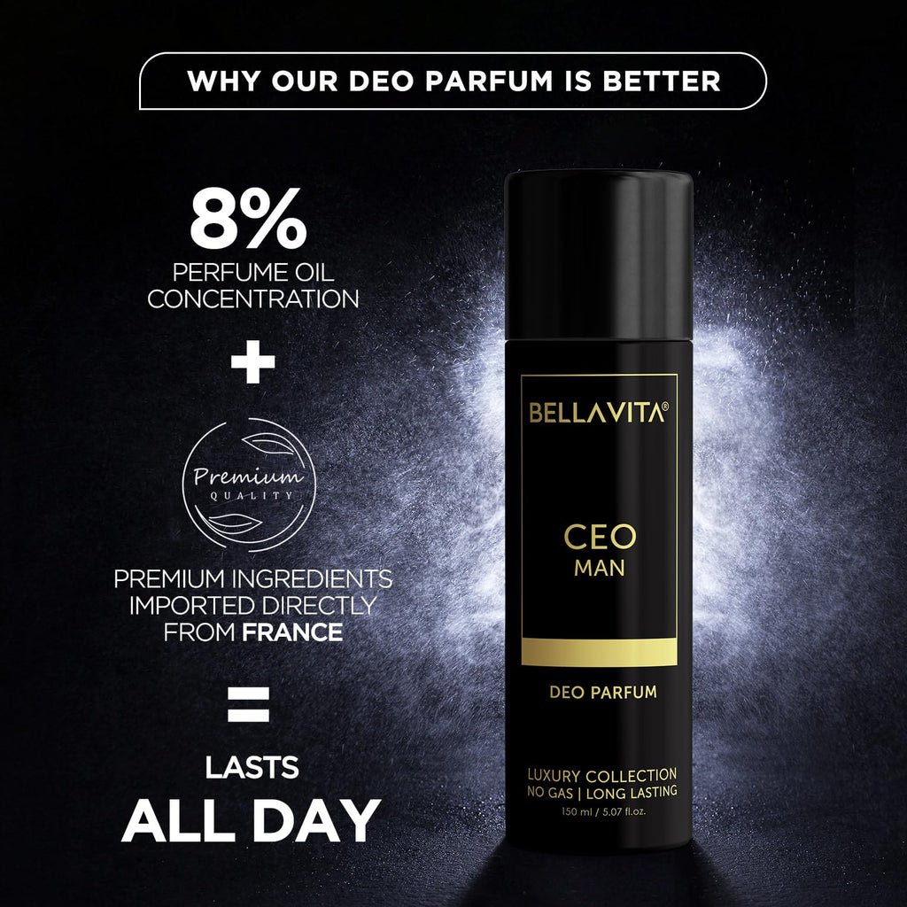 Bella Vita CEO Man Body Perfume 150ml | Premium No Gas Deo for Men | Deodorants Man | Long Lasting Office Fragrance with Tonka, Agarwood & Sophisticated Masculine Notes