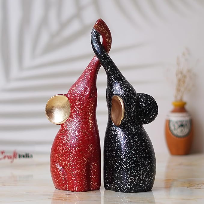 Ecraftindia Set of 2 Black & Red Cute Elephant Statues Animal Figurines Showpiece for Home Decor