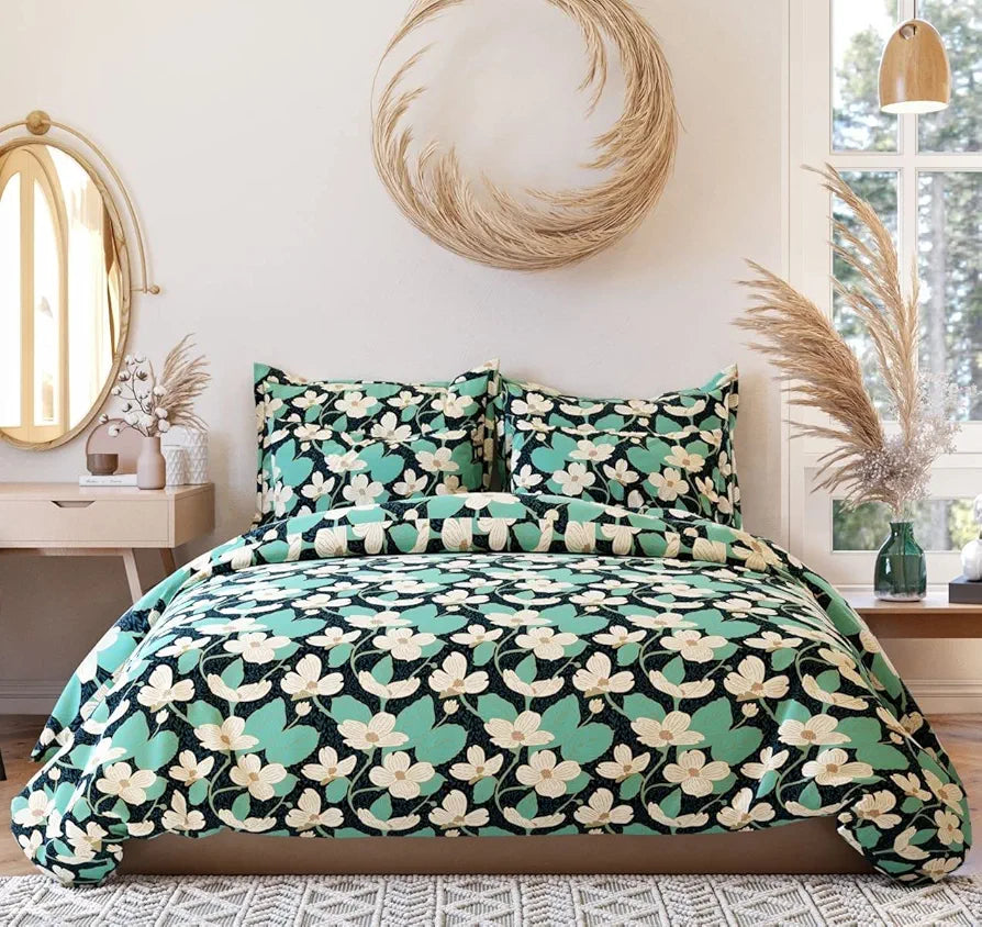 The Home Style 400 TC Cotton Elastic Fitted All Around Printed King Size Double Bed Bedsheet wih 2 Pillow Cover Lily Green