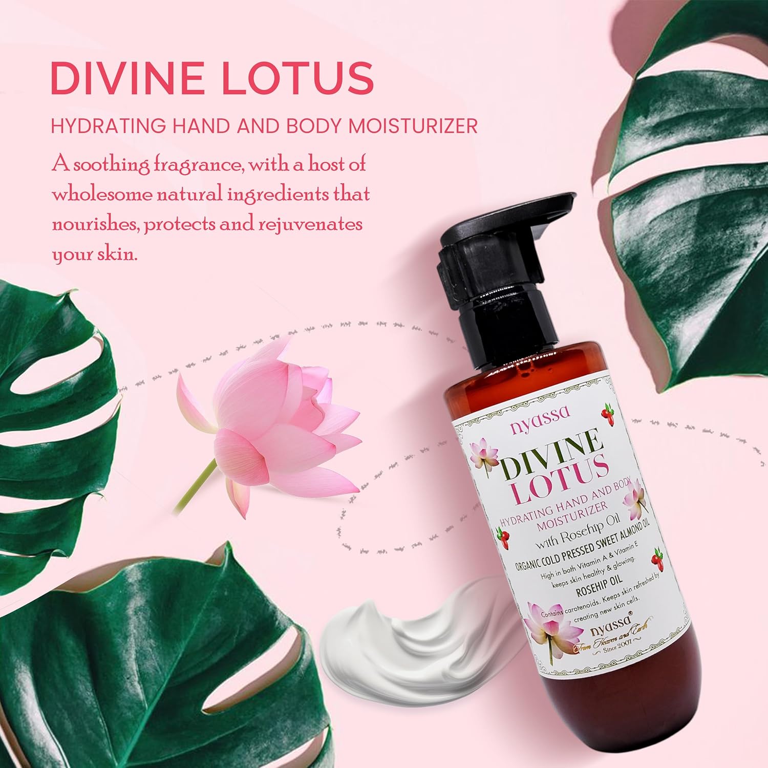 Nyassa Divine Lotus Hydrating Hand and Body Moisturizer With Rosehip Oil & Organic Sweet Almond Oil - 200 Ml