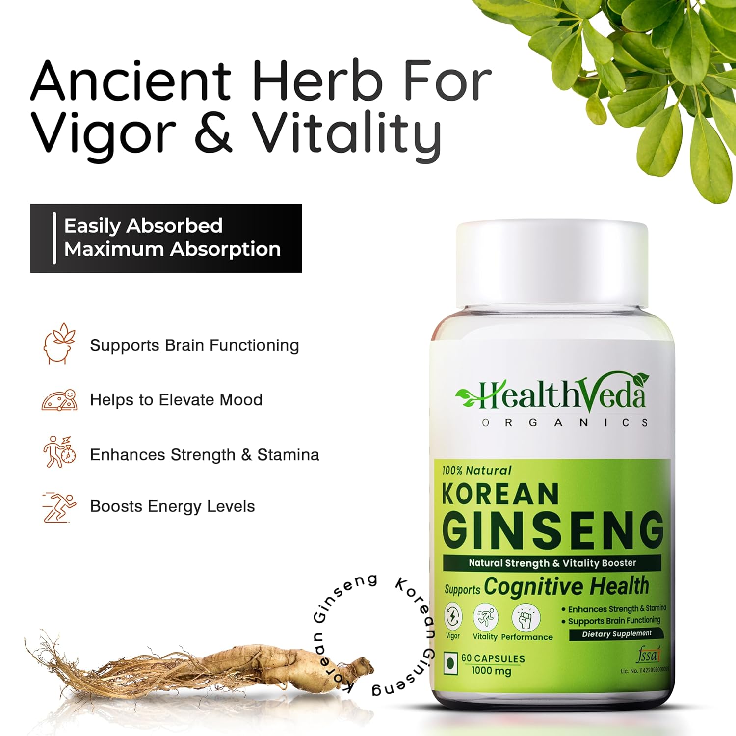 HEALTH VEDA ORGANICS PRIVATE LIMITED Korean Red Ginseng 1000 mg | 60 Veg Capsules | Supports Energy, Vitality & Strength | For Men & Women