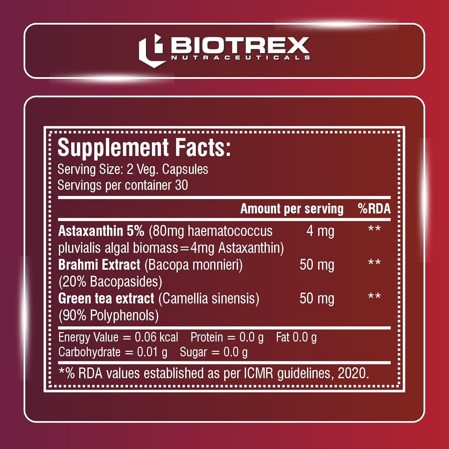 Biotrex Nutraceuticals Astaxanthin 4mg | Supports Eye & Skin Health I Boosts Immune System | Cellular Support | Naturally Sourced - 60 Veg Capsules