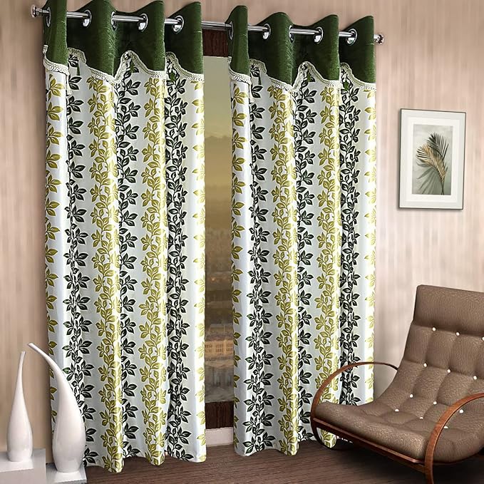 Cortina 2 Piece Floral Design Panel Eyelet Polyester Door Curtains | 7 Feet | Green
