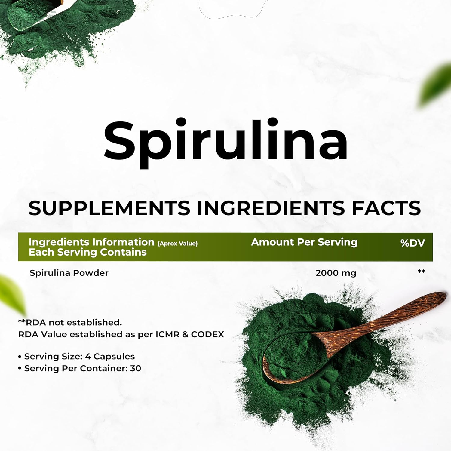 HEALTH VEDA ORGANICS PRIVATE LIMITED Plant Based Spirulina, 2000 mg | 120 Veg Capsules I Supports Weight Management & Boosts Immunity | For both Men & Women
