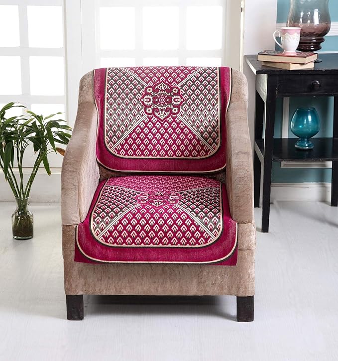 Nendle Chenille Velvet Fabric Sofa Cover Set of 5 Seater (Pink, 6 Pieces)