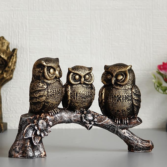 Ecraftindia 3 Owl Sitting on Branch Antique Finish Handcrafted Polyresin Decorative Showpiece